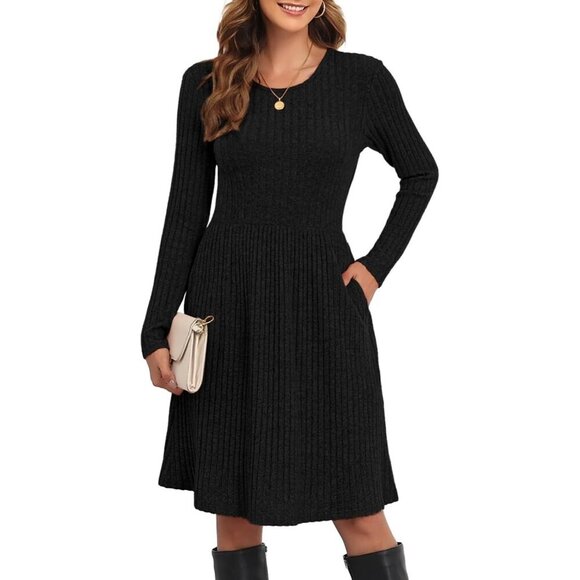 Dresses & Skirts - Women's Knit Sweater Dress Long Sleeve Casual Fall Pockets A-Line